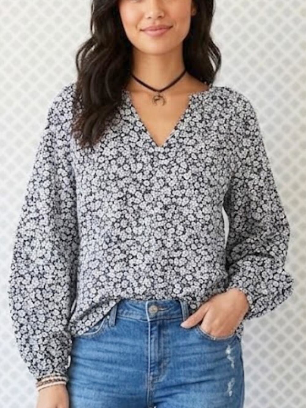OLD NAVY Navy Floral Peasant Blouse L | Cotton Poplin Balloon Sleeve Top